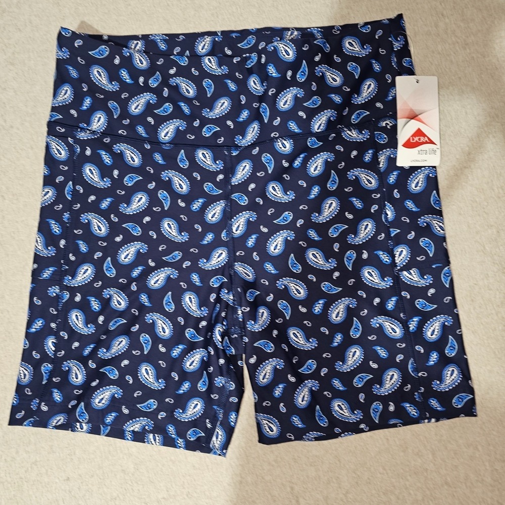 Lands End L 14 /16 Reg High-Waisted 6" Swim Bike Short Deep Sea Navy Paisley